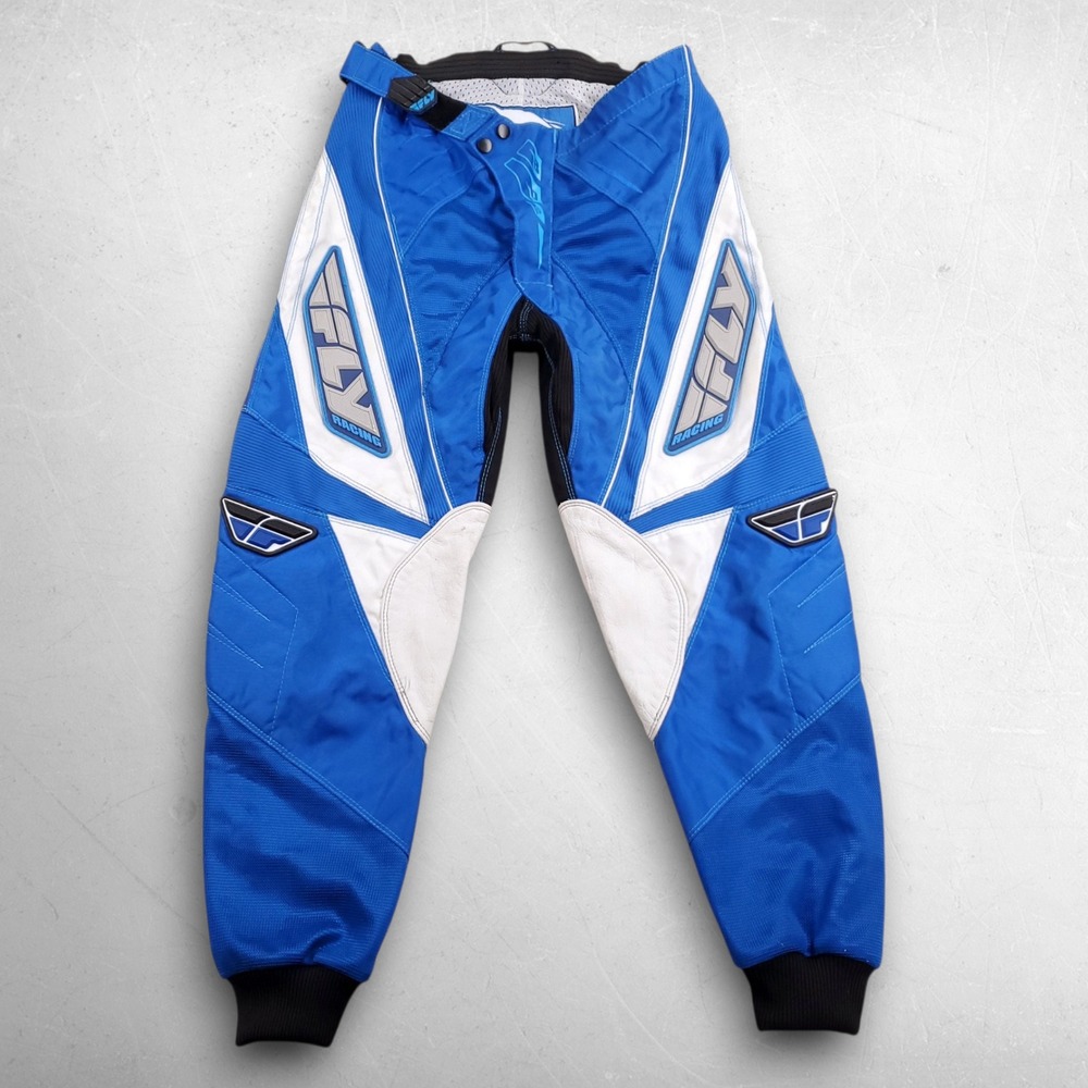 VTG Fly Racing 805 Motocross Race Pants Unisex 30 Blue White Leather Knee 2005